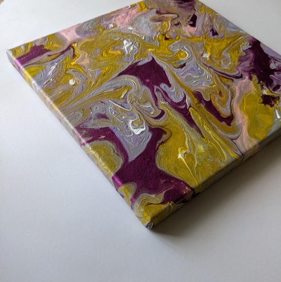 Hand Crafted Acrylic Pour Painting Yellow and Purple 10x10 - Picture 5 of 7